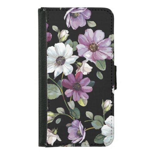 Elegant Cosmos Flowers Watercolor Seamless Samsung Galaxy S5 Wallet Case