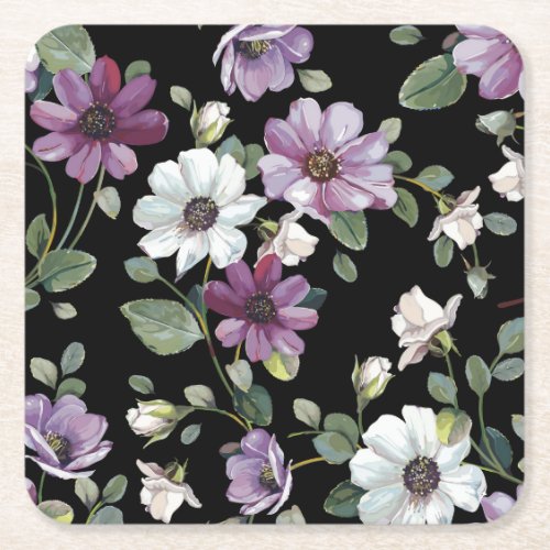 Elegant Cosmos Flowers Watercolor Seamless Square Paper Coaster