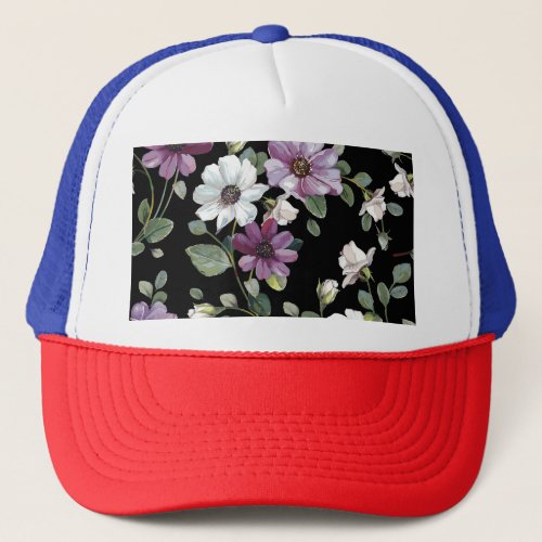 Elegant Cosmos Flowers Watercolor Seamless Trucker Hat