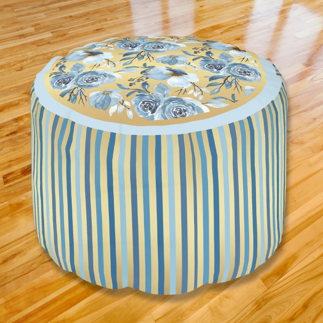 Elegant Cottage Blue Gold Floral Stripe Pouf (Creator Uploaded)