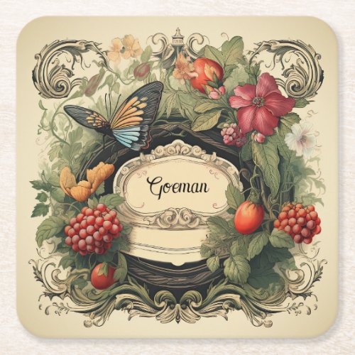 Elegant Cottagecore Garden Berries Personalized Square Paper Coaster