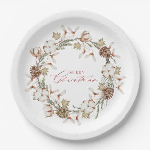 Elegant Cotton and Pinecone Christmas Wreath Paper Plates