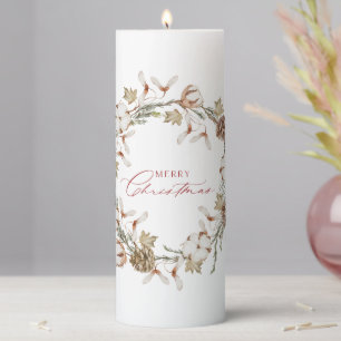 Elegant Cotton and Pinecone Christmas Wreath Pillar Candle
