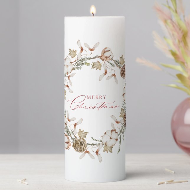 Elegant Cotton and Pinecone Christmas Wreath Pillar Candle (In Situ)
