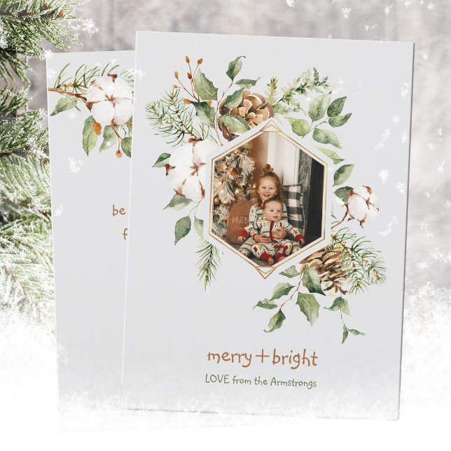 Elegant Cotton Botanical Hexagon Photo Holiday Card (Botanical Cotton Merry Bright Photo Holiday Card ©Susanne Sachers - Sunny Mind Design 🌞)