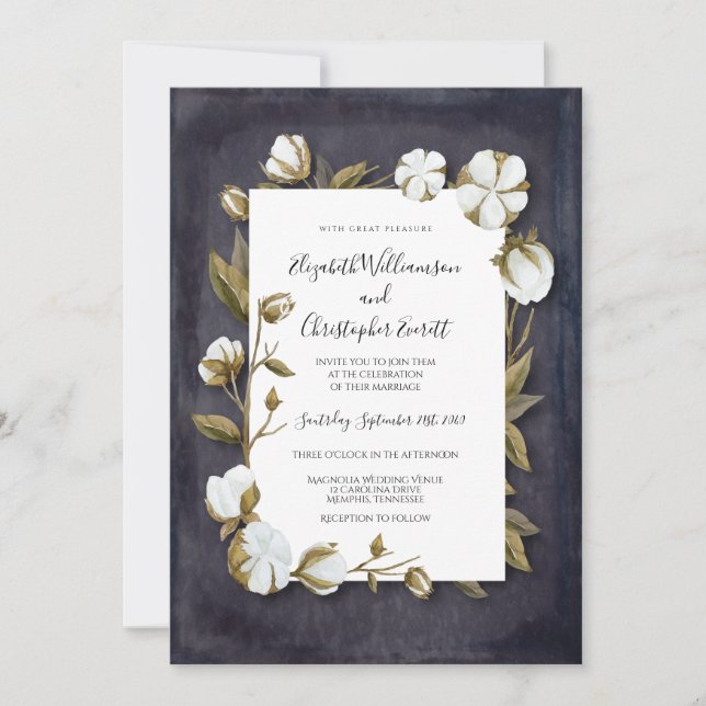 Elegant Cotton Floral Black White Wedding Invitation (Front)