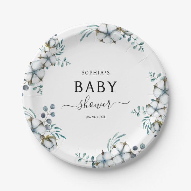 Elegant cotton flowers botanical Baby Shower Paper Plates (Front)