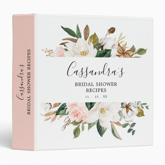 Elegant Cotton & Magnolia Bridal Shower Recipe 3 Ring Binder (Front/Spine)