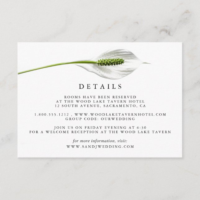 Elegant Cotton White Peace Lily Guest Details Enclosure Card (Front)