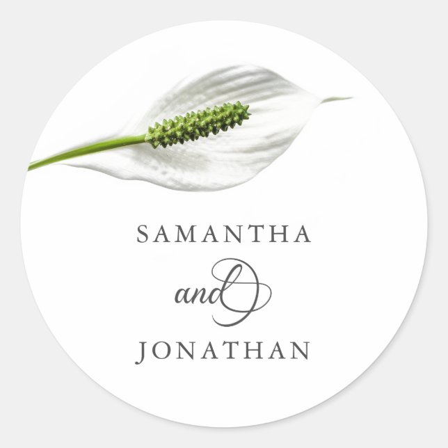 Elegant Cotton White Peace Lily Wedding Classic Round Sticker (Front)