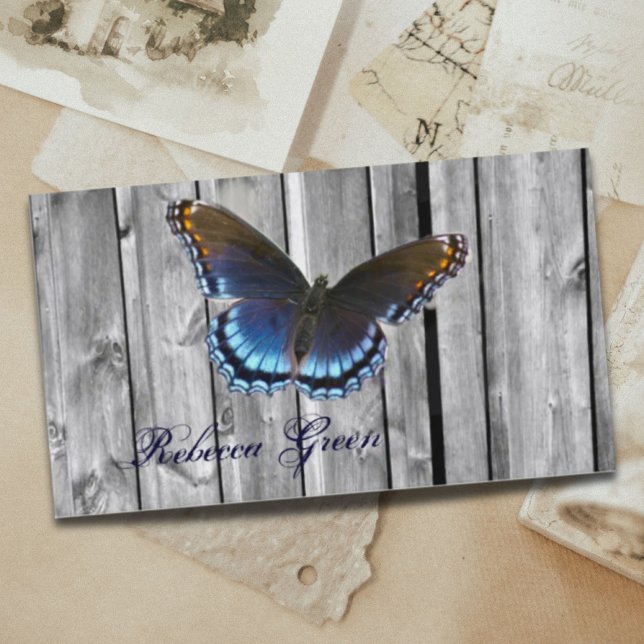 elegant country barn wood blue butterfly business card (elegant country barn wood blue butterfly business card)