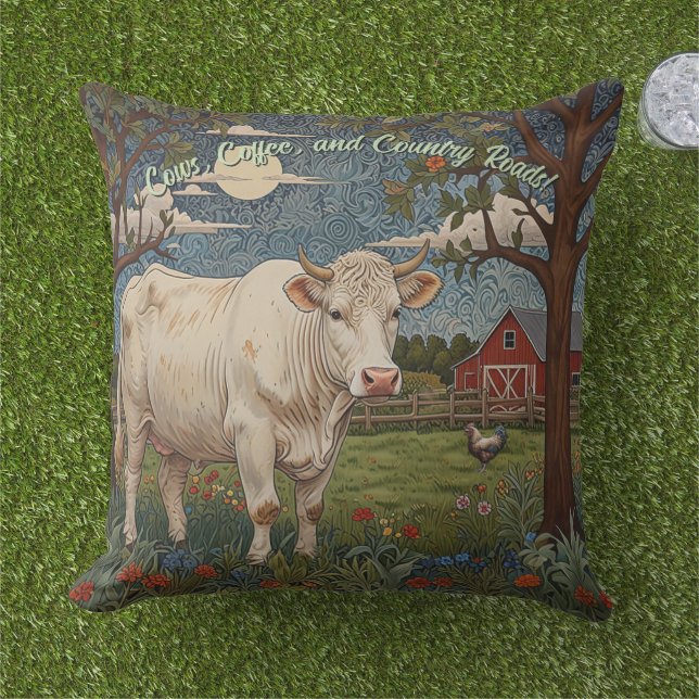 Elegant country chic boho cow farm outdoor pillow (Grass)