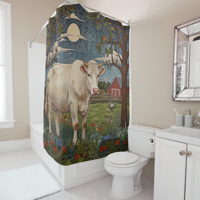 Elegant country chic boho cow farm shower curtain (In Situ)