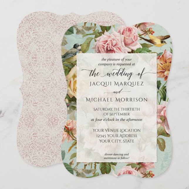 Elegant Country Chic Pink Rose Flower Bird Wedding Invitation (Front/Back)