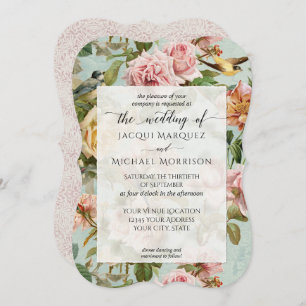 Elegant Country Chic Pink Rose Flower Bird Wedding Invitation