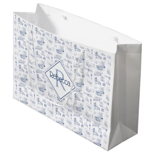 Elegant Country Farmhouse Monogram Name Blue Toile Large Gift Bag