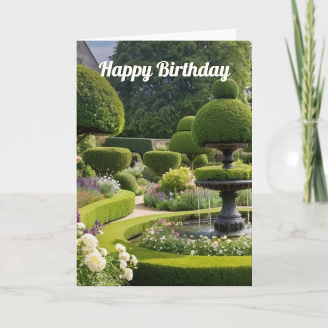 Elegant Country Garden Topiary Fountain Birthday Card (Front)