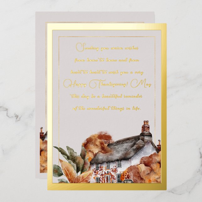 Elegant Country Home Autumn Leaves Gold Script Foil Holiday Card (Front/Back)