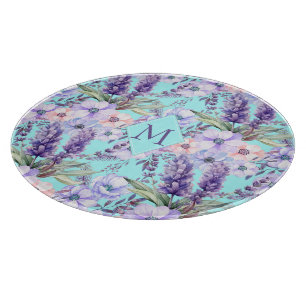 Elegant Country Lavender Floral Turquoise Monogram Cutting Board