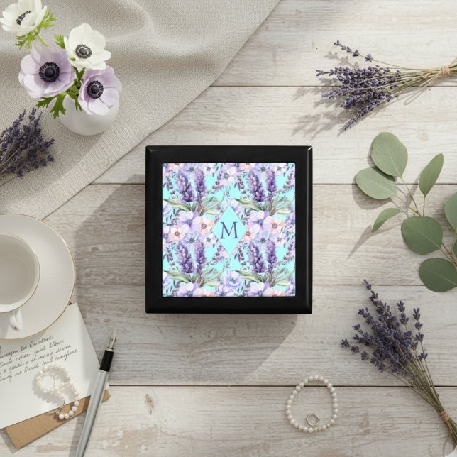 Elegant Country Lavender Floral Turquoise Monogram Gift Box (Creator Uploaded)