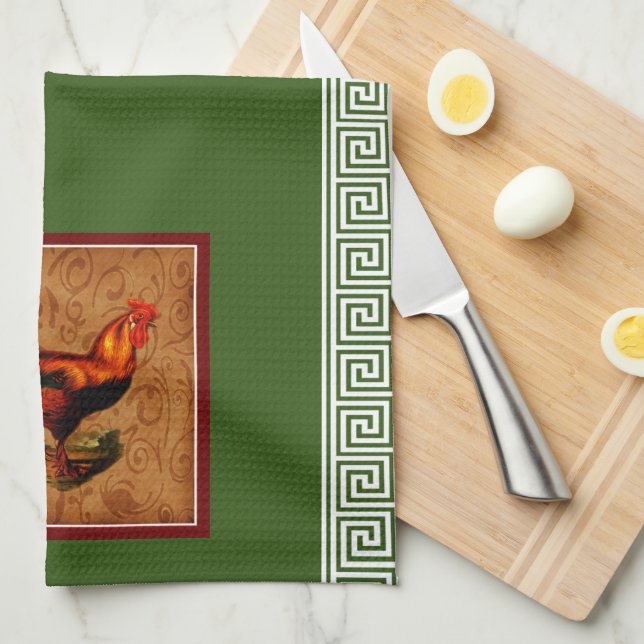 Elegant Country Life Rooster and Greek key Kitchen Towel (Quarter Fold)