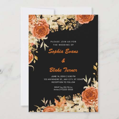 Elegant Country Orange Roses Black Wedding Invitation