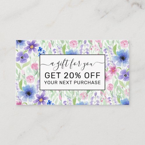 Elegant Country Pink Purple Blue Watercolor Flower Discount Card