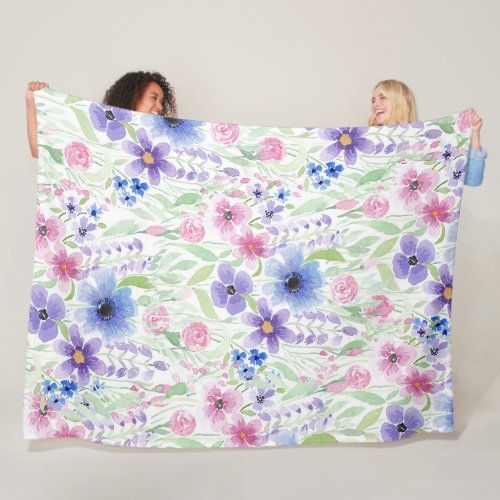 Elegant Country Pink Purple Blue Watercolor Flower Fleece Blanket