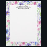 Elegant Country Pink Purple Blue Watercolor Flower Letterhead<br><div class="desc">This modern and elegant pattern is perfect for the summer and spring seasons. It features a pink, purple, blue, green, black, and yellow hand-painted watercolor flowers and leaves pattern on top of a white simple background.***IMPORTANT DESIGN NOTE: For any custom design request such as matching product requests, color changes, placement...</div>