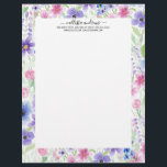 Elegant Country Pink Purple Blue Watercolor Flower Letterhead<br><div class="desc">This modern and elegant pattern is perfect for the summer and spring seasons. It features a pink, purple, blue, green, black, and yellow hand-painted watercolor flowers and leaves pattern on top of a white simple background.***IMPORTANT DESIGN NOTE: For any custom design request such as matching product requests, color changes, placement...</div>
