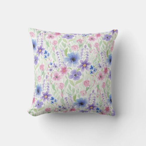 Elegant Country Pink Purple Blue Watercolor Flower Outdoor Pillow