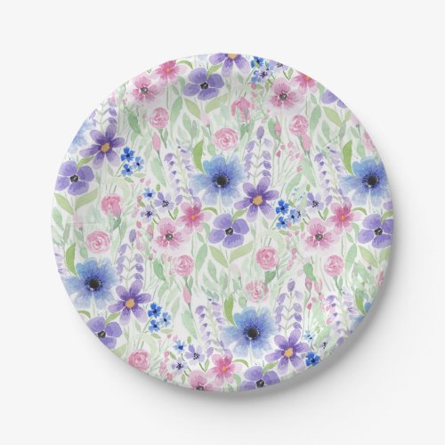 Elegant Country Pink Purple Blue Watercolor Flower Paper Plates