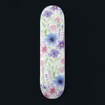 Elegant Country Pink Purple Blue Watercolor Flower Skateboard<br><div class="desc">This modern and elegant pattern is perfect for the summer and spring seasons. It features a pink, purple, blue, green, black, and yellow hand-painted watercolor flowers and leaves pattern on top of a white simple background.***IMPORTANT DESIGN NOTE: For any custom design request such as matching product requests, color changes, placement...</div>
