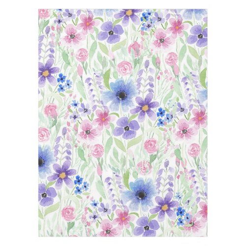 Elegant Country Pink Purple Blue Watercolor Flower Tablecloth