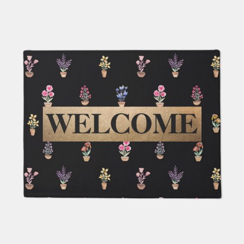 Elegant Country Potted Flowers Watercolor Monogram Doormat