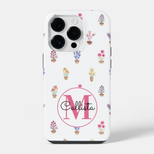 Elegant Country Potted Flowers Watercolor Monogram iPhone 14 Pro Case