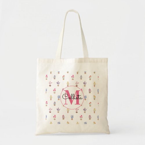 Elegant Country Potted Flowers Watercolor Monogram Tote Bag