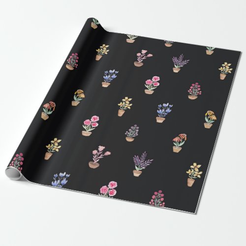 Elegant Country Potted Flowers Watercolor Pattern Wrapping Paper