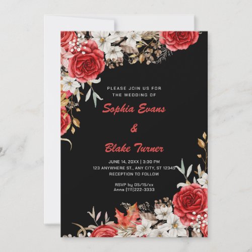 Elegant Country Red Roses Black Wedding Invitation