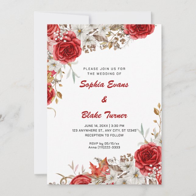 Elegant Country Red Roses Fall White Wedding Invitation (Front)