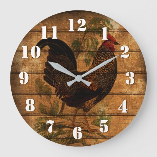 Elegant Country Rooster on Rustic wood Large Clock