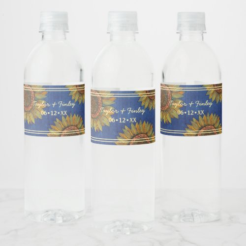 Elegant Country Rustic Navy Blue Wedding Sunflower Water Bottle Label