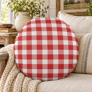 Elegant Countryside Picnic White Red Checkered Round Pillow