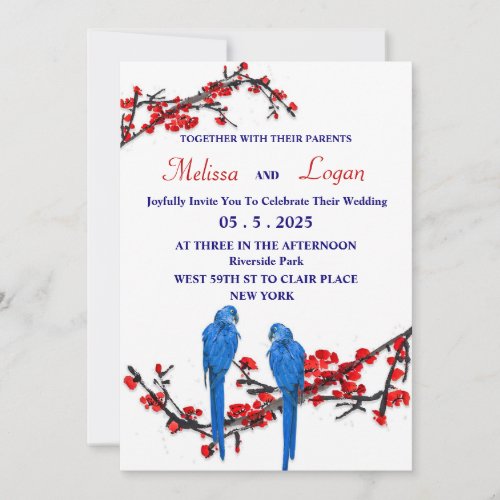 Elegant couple birds red Floral branch wedding Inv Invitation