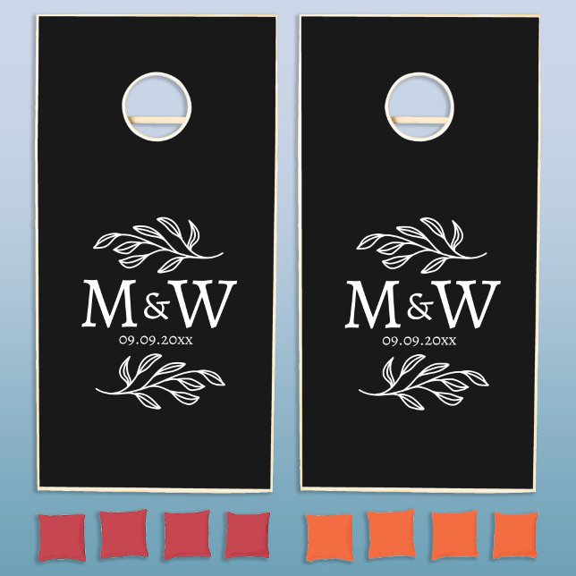 Elegant Couple Monogram Botanical Laurel Wedding Cornhole Set (Wedding couple monogram initials marriage date cornhole set reception games)