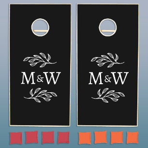 Elegant Couple Monogram Botanical Laurel Wedding Cornhole Set