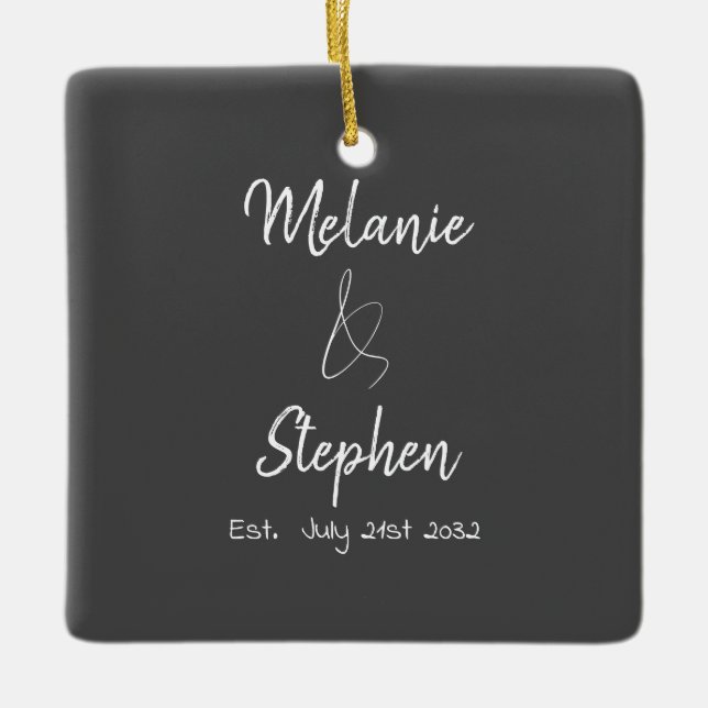 Elegant Couple Names Date Script Typography Gray Ceramic Ornament (Front)
