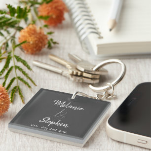 Elegant Couple Names Date Script Typography Gray Keychain