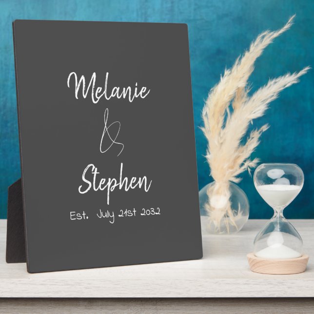 Elegant Couple Names Date Script Typography Gray Plaque (Side)