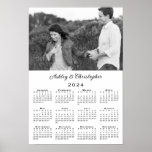Elegant Couple Photo and Names 2024 Calendar Poster<br><div class="desc">Keep the person you love nearby with a modern personalized 2024 calendar poster. Replace the sample photo and names in the sidebar. Perfect for a wedding or engagement photo. The custom text is in an elegant black script font. Below it is an easy to read black calendar on a white...</div>